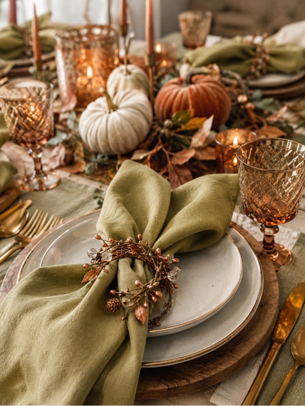 Rustic Elegant Fall Table Napkin Rings Candle Thanksgiving Gold & Copper Set 4